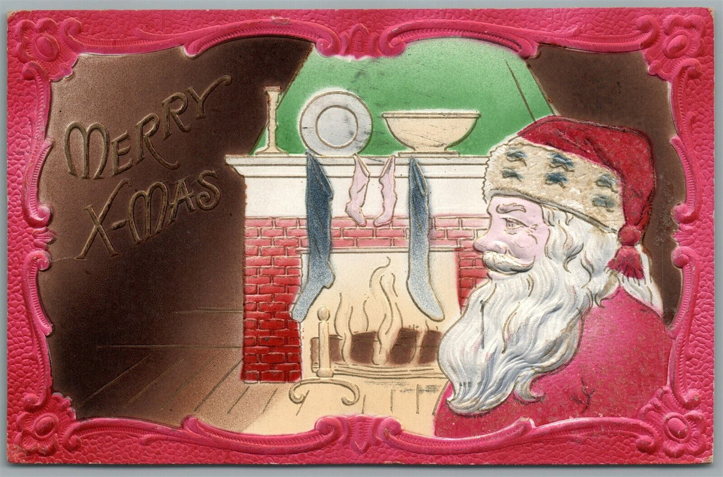 SANTA AT FIRE PLACE CHRISTMAS EMBOSSED ANTIQUE POSTCARD