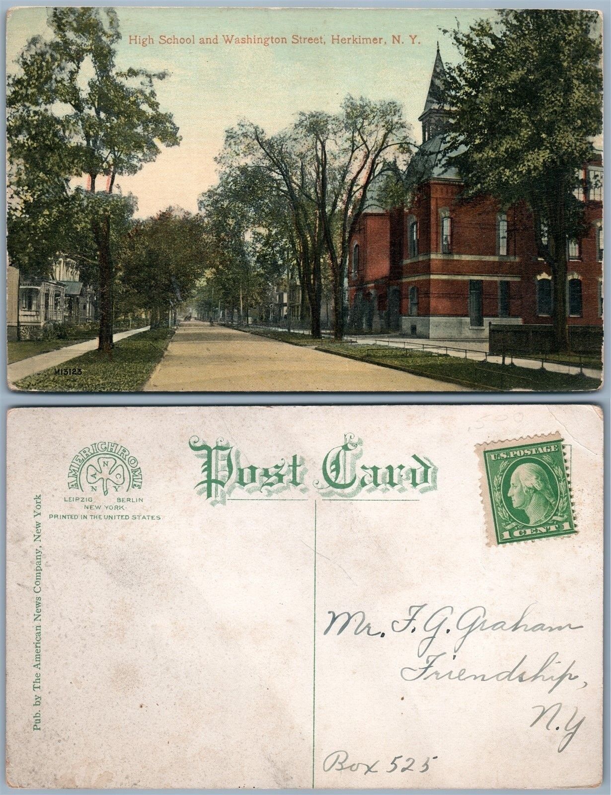 HERKIMER N.Y. HIGH SCHOOL & WASHINGTON STREET ANTIQUE POSTCARD