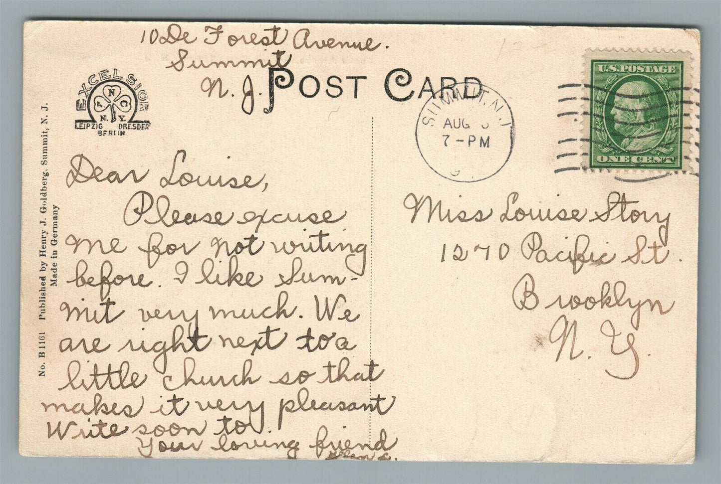 SUMMIT NJ EUCLID AVE. ANTIQUE POSTCARD