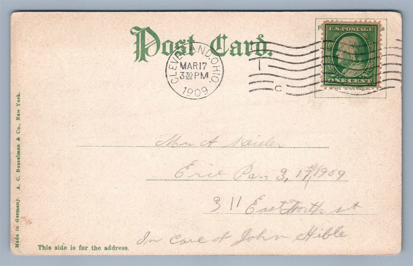 CLEVELAND OH EUCLID AVENUE UNDIVIDED 1909 ANTIQUE POSTCARD