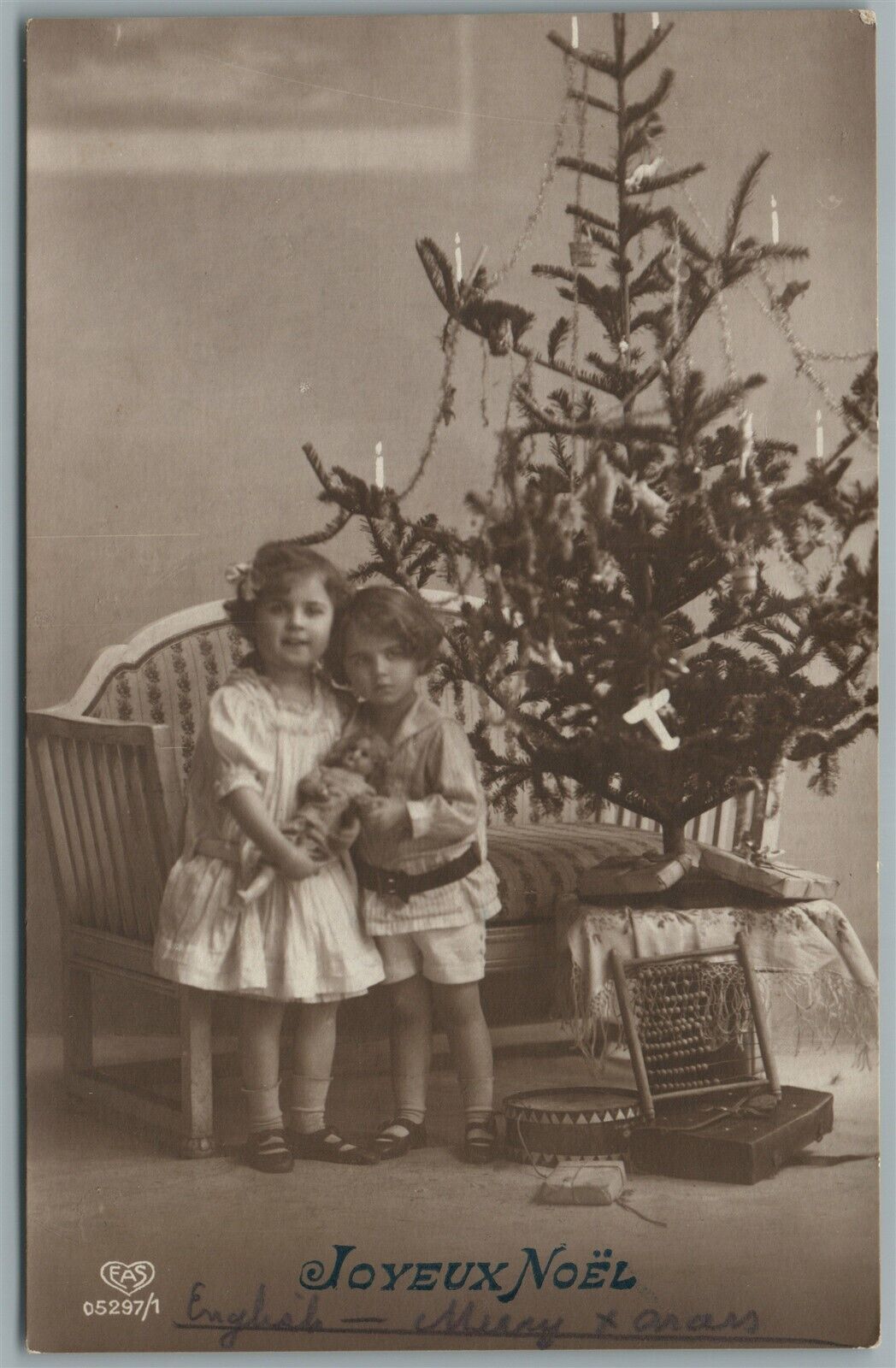 KIDS w/ DOLL at CHRISTMAS TREE ANTIQUE REAL PHOTO POSTCARD RPPC