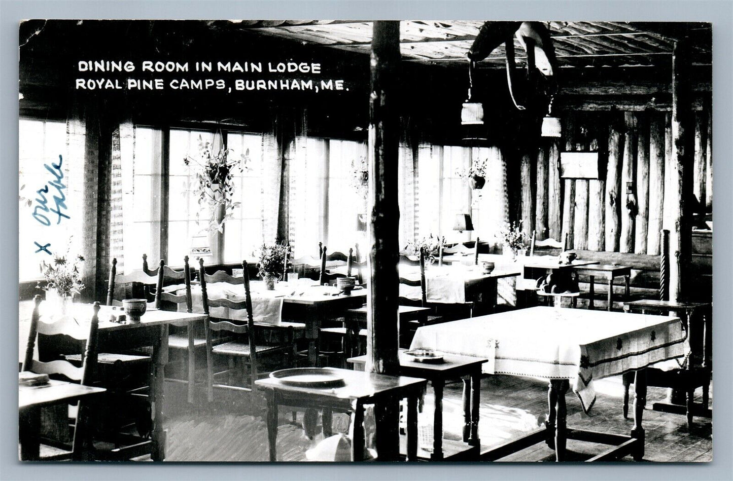 BURNHAM ME ROYAL PINE CAMP DINING ROOM 1952 VINTAGE REAL PHOTO POSTCARD RPPC