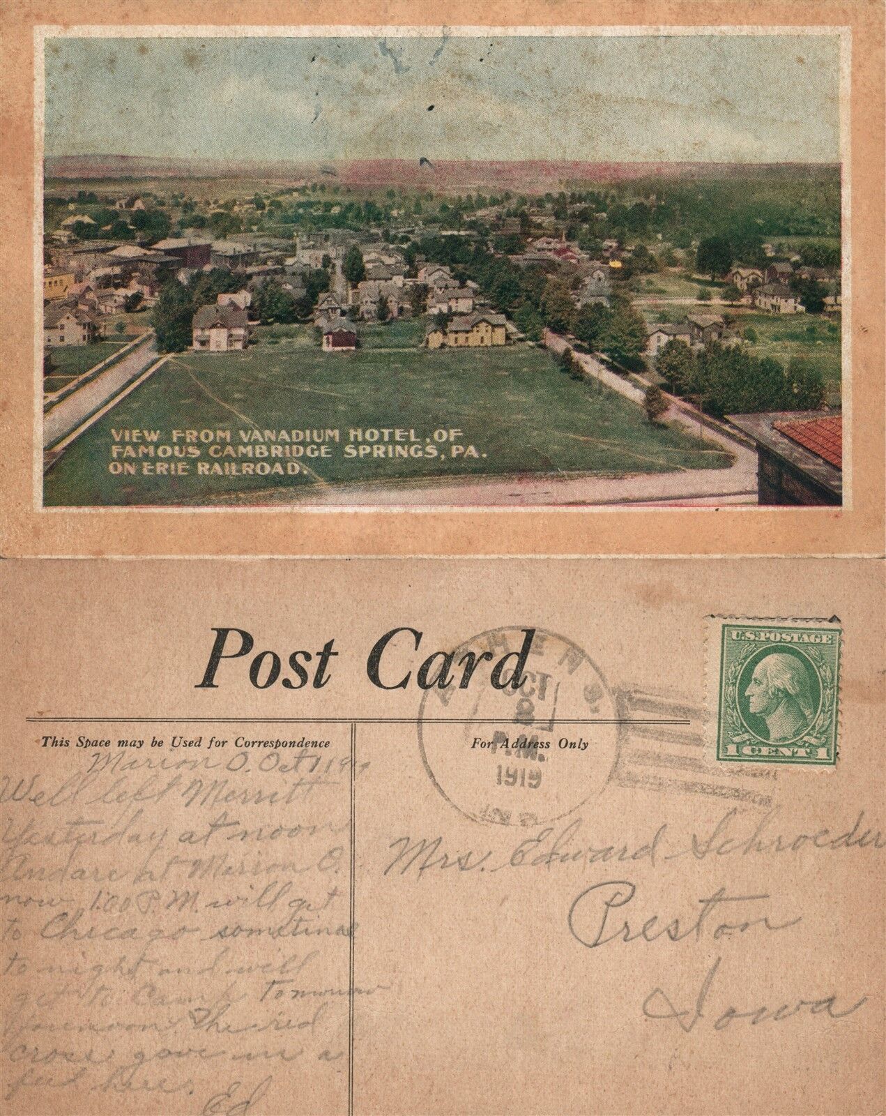 CAMBRIDGE SPRINGS PA VANADIUM HOTEL ON ERIE RAILROAD 1919 ANTIQUE POSTCARD
