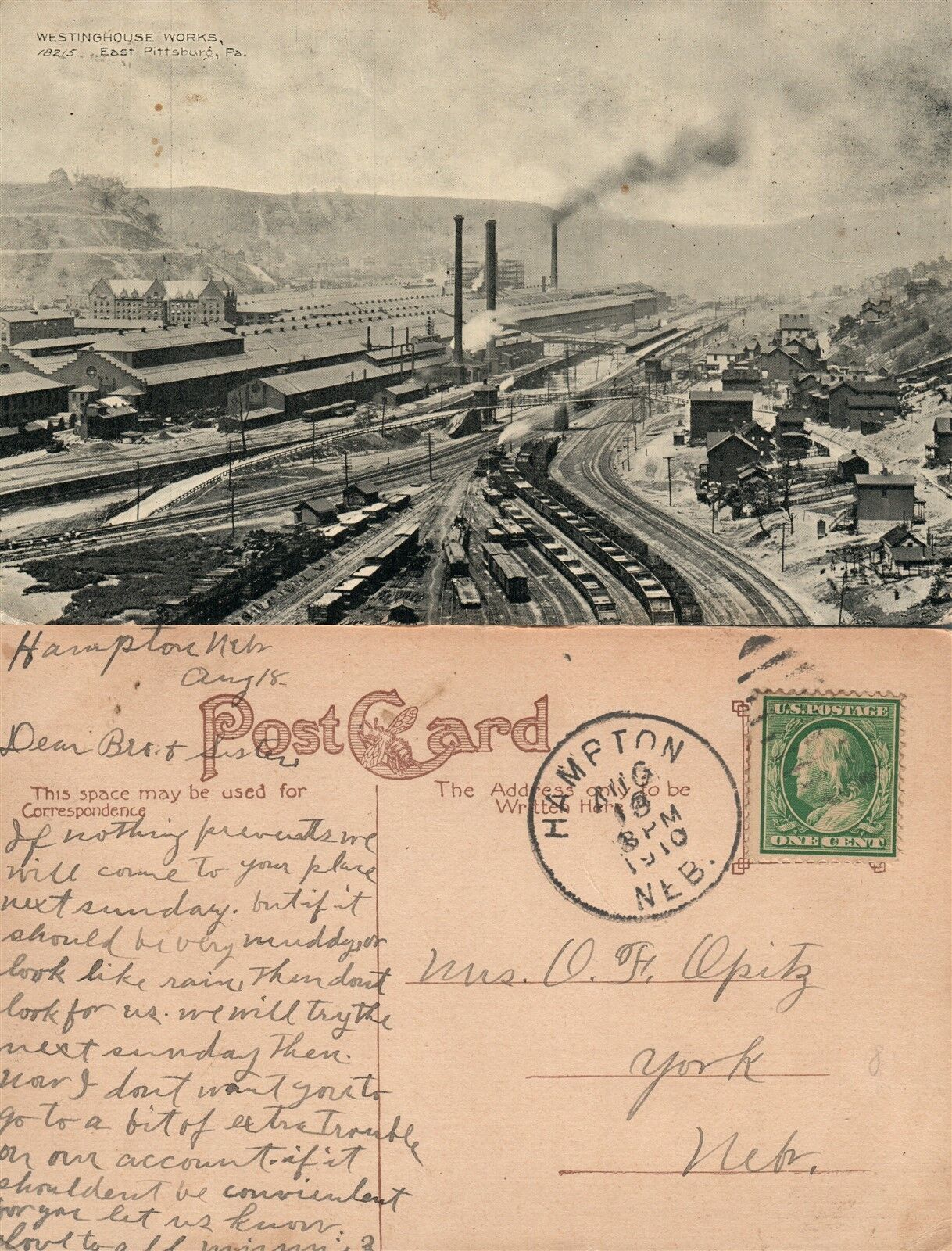 EAST PITTSBURG PA WESTINGHOUSE WORKS 1910 ANTIQUE POSTCARD w/ CORK CANCEL