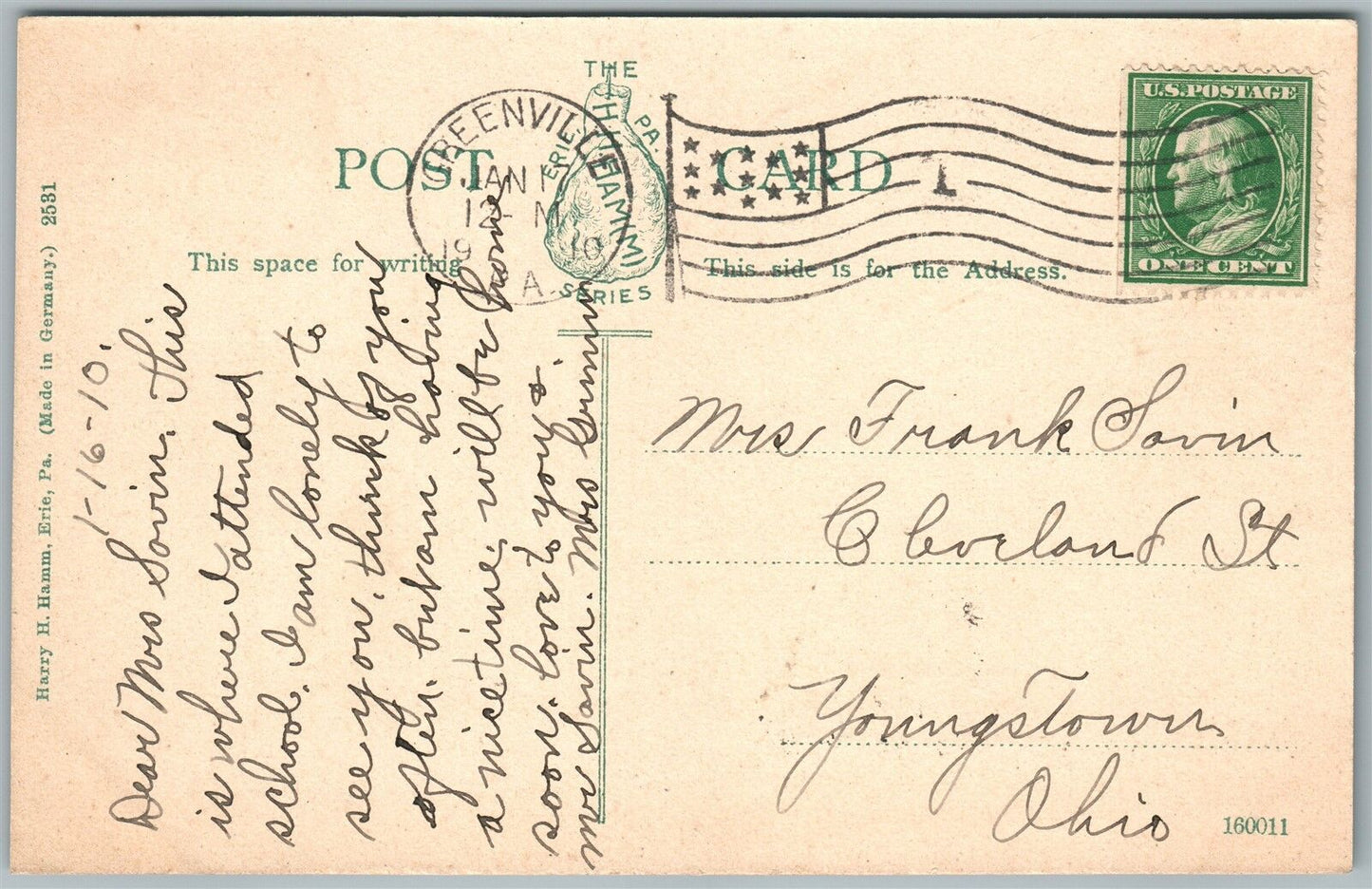 GREENVILLE PA COLUMBIA SCHOOL 1910 ANTIQUE POSTCARD