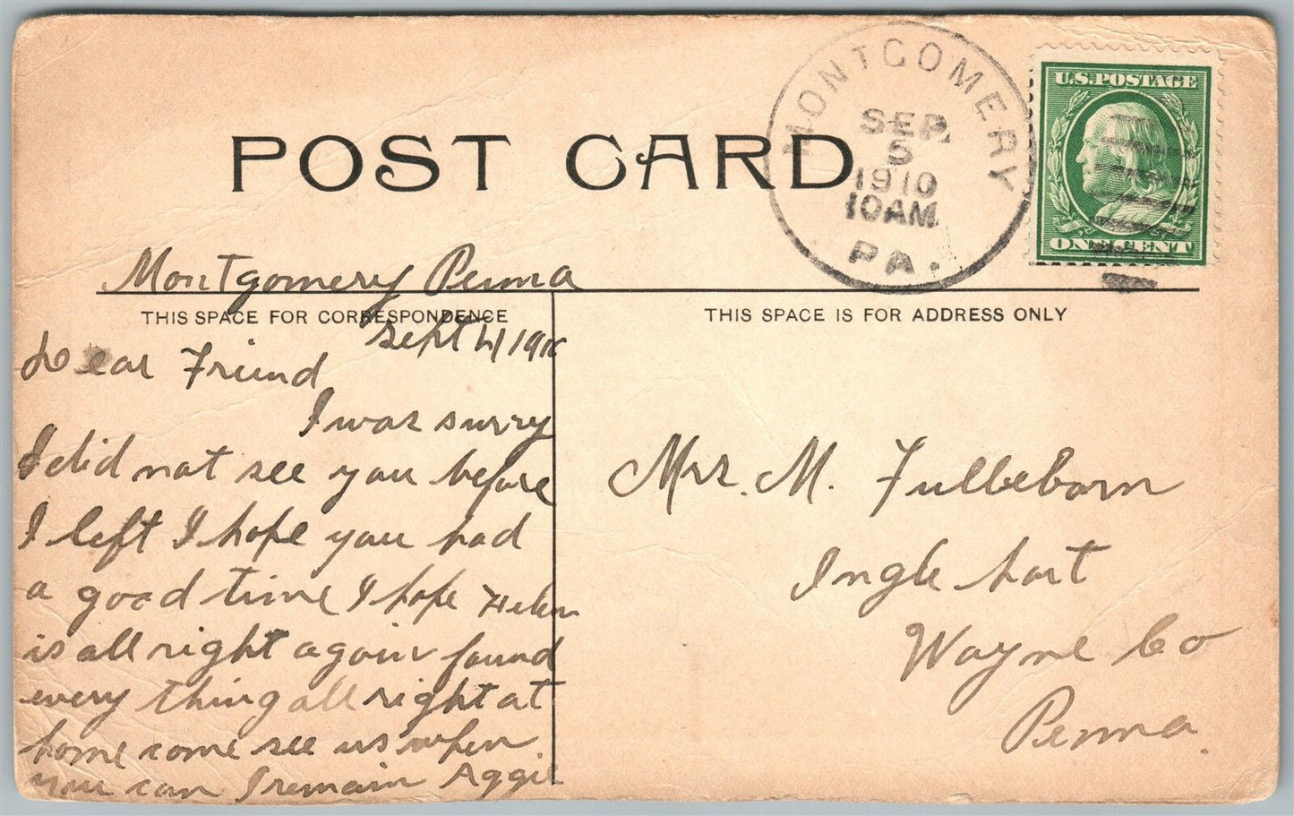 MONGOMERY PA BROAD STREET 1910 ANTIQUE POSTCARD