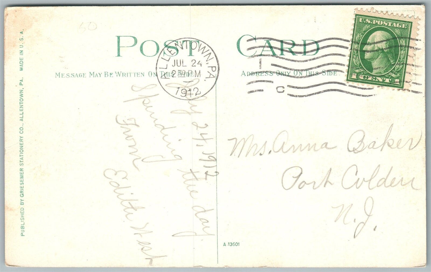 ALLENTOWN PA HOSPITAL 1912 ANTIQUE POSTCARD