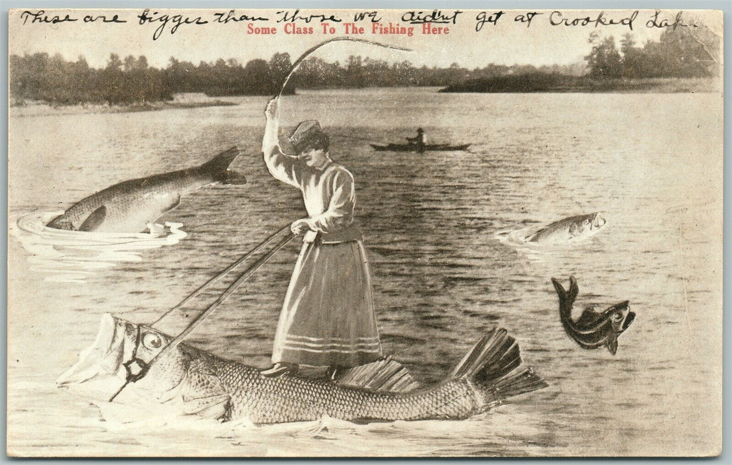 LADY RIDING A FISH ANTIQUE POSTCARD FISHING w/ CORK CANCEL