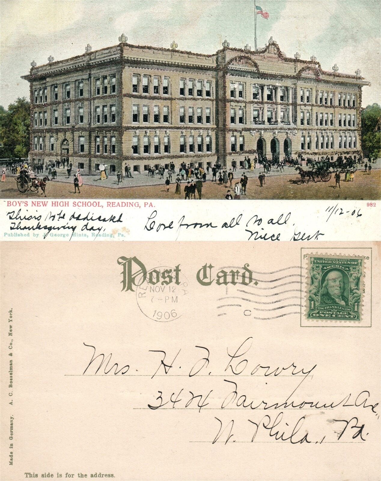 READING PA BOYS NEW HIGH SCHOOL 1906 UNDIVIDED ANTIQUE POSTCARD