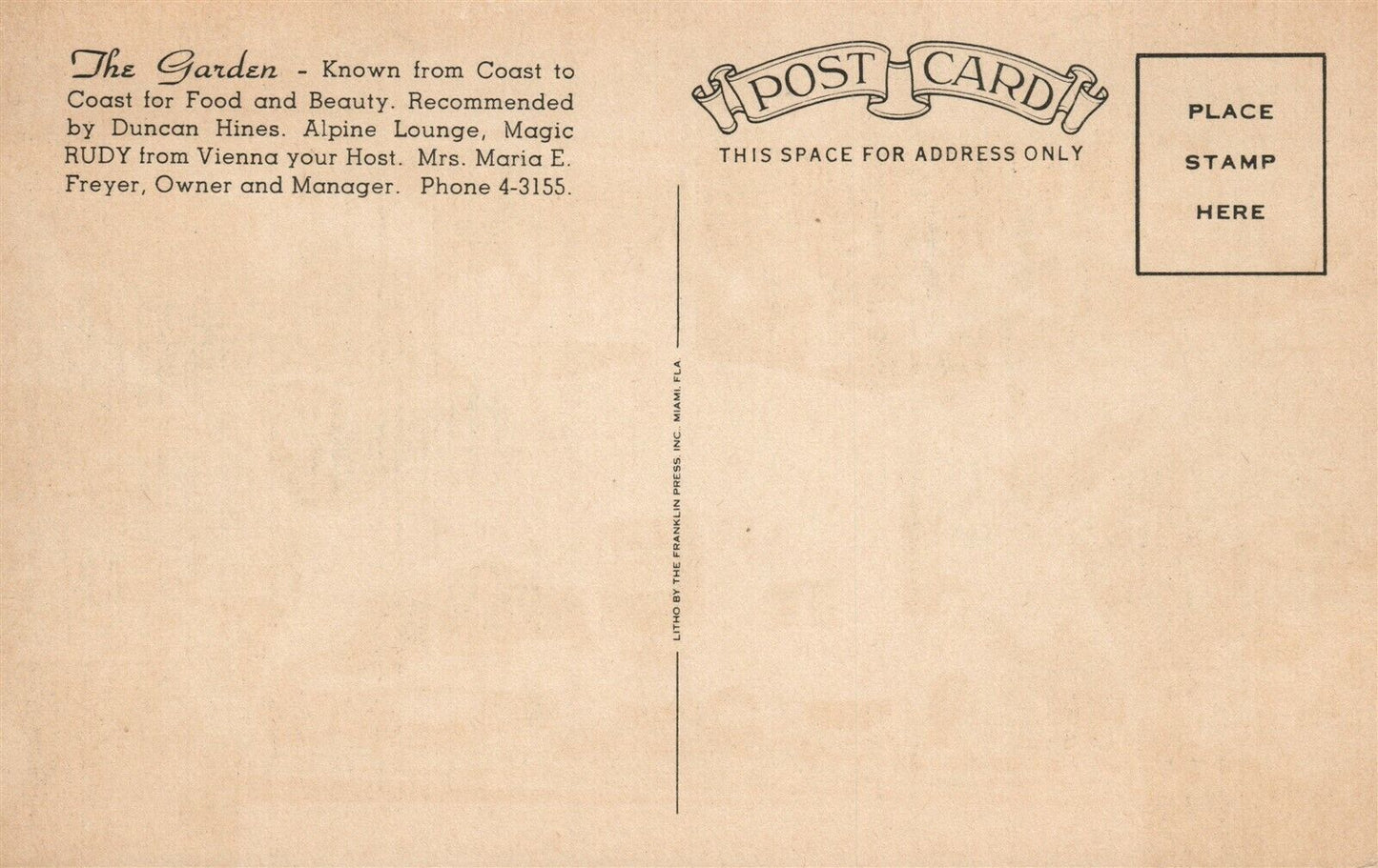 MIAMI FL THE GARDEN RESTAURANT VINTAGE POSTCARD