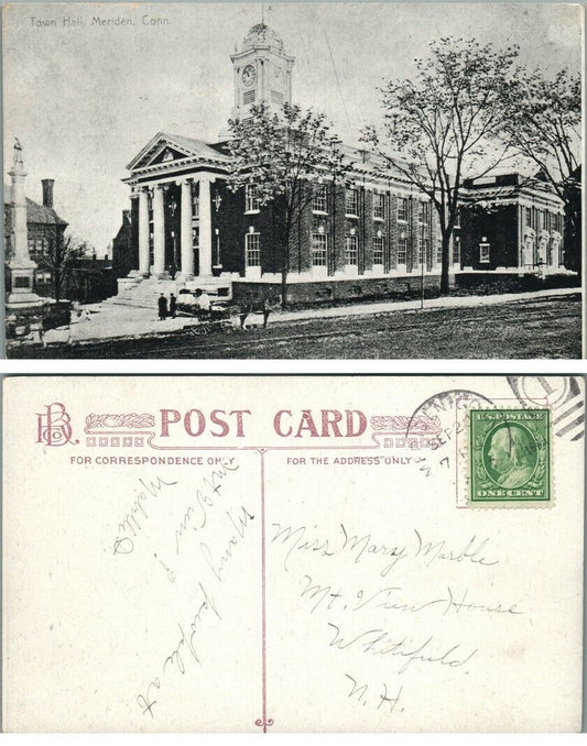 TOWN HALL MERIDEN CONN. ANTIQUE POSTCARD CORK CANCEL
