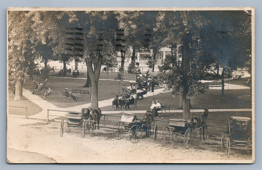 WASHINGTON IA PARK SCENE w/ HORSE CARRIAGES ANTIQUE REAL PHOTO POSTCARD RPPC