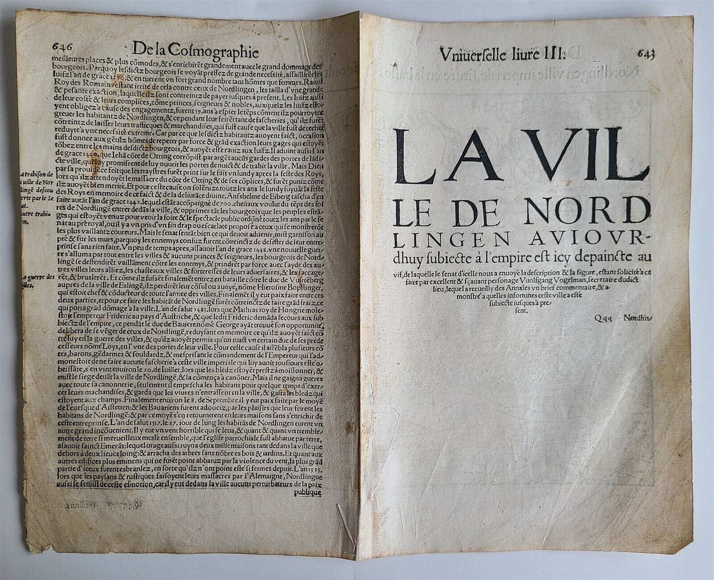 1575 NORDLINGEN GERMANY LEAF BELLEFOREST EDITION of MUNSTER COSMOGRAPHY antique