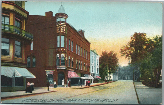 GLOVERSVILLE NY BUSINESS BLOCK in MAIN STREET ANTIQUE POSTCARD