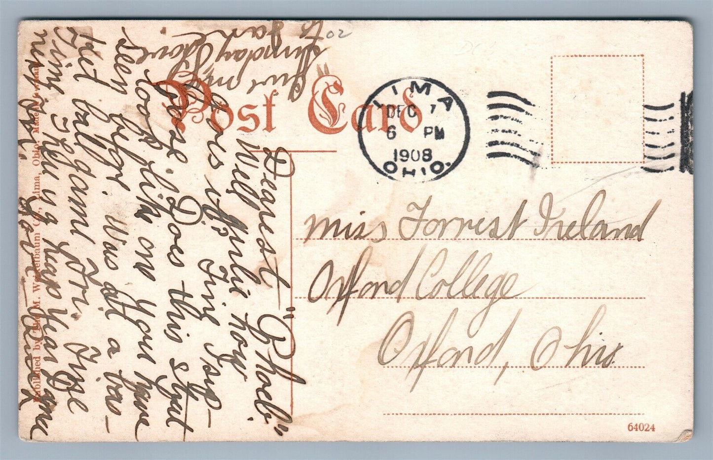 LIMA OH WEST NORTH STREET LUTHERAN CHURCH 1908 ANTIQUE POSTCARD