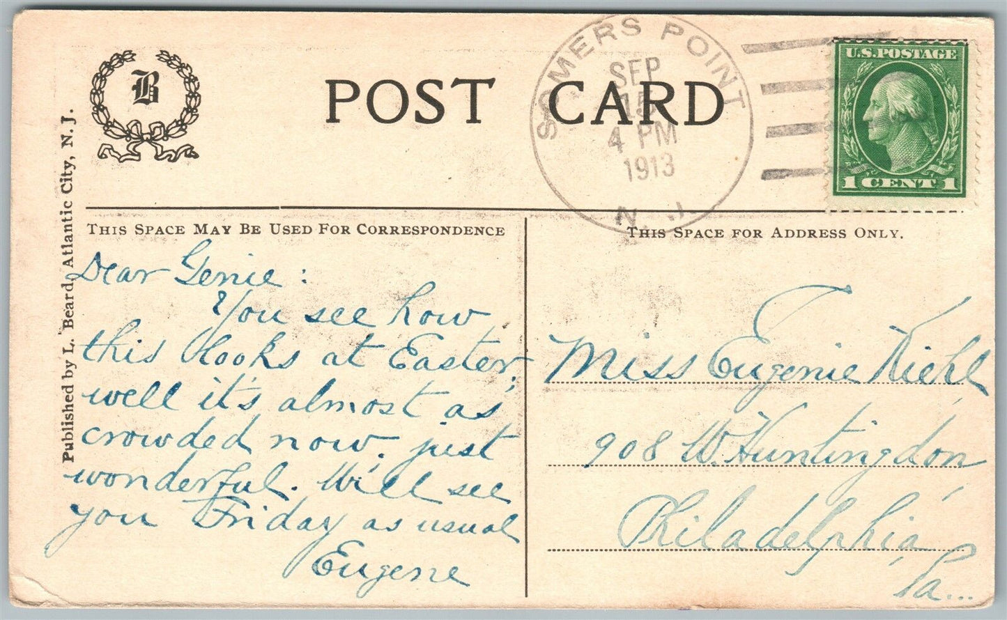 ATLANTIC CITY NJ BOARDWALK AT EASTER TIME 1913 ANTIQUE POSTCARD