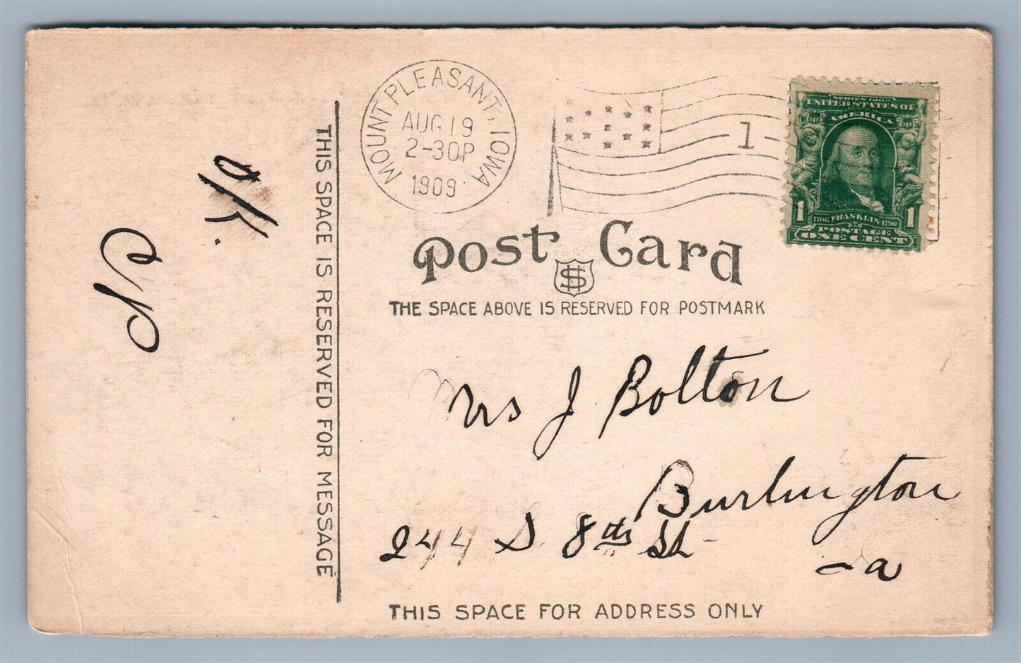 MT.PLEASANT IA MAIN STREET 1909 ANTIQUE POSTCARD