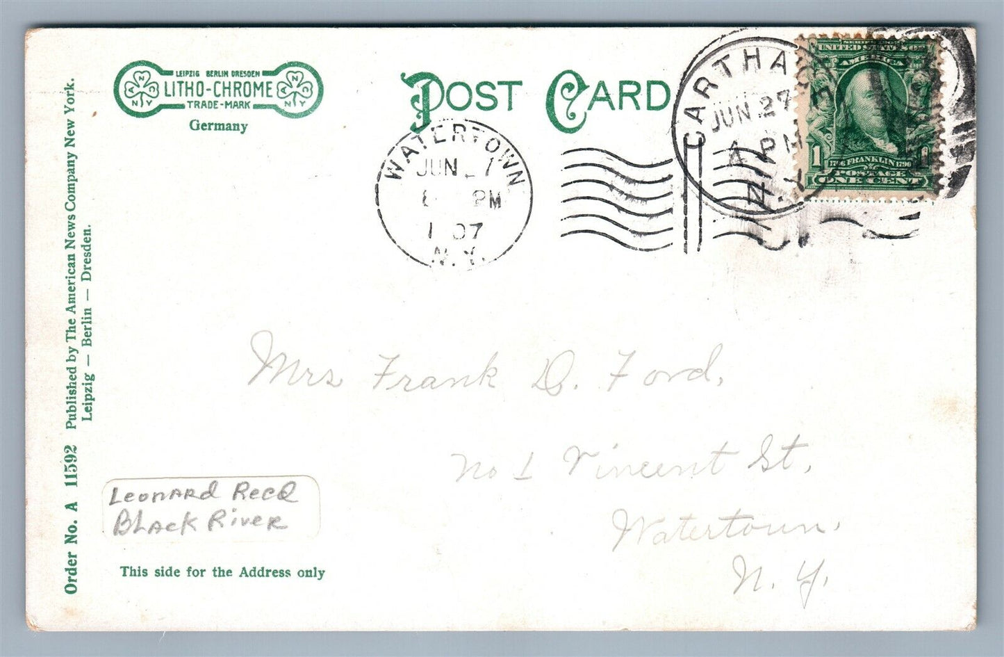 CARTHAGE NY ME CHURCH ANTIQUE POSTCARD w/ CORK CANCEL
