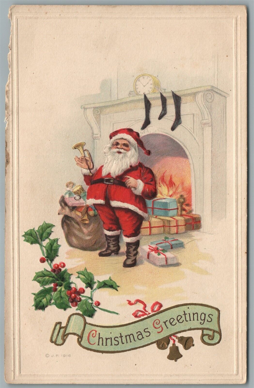 SANTA at FIRE PLACE CHRISTMAS GREETINGS EMBOSSED ANTIQUE POSTCARD