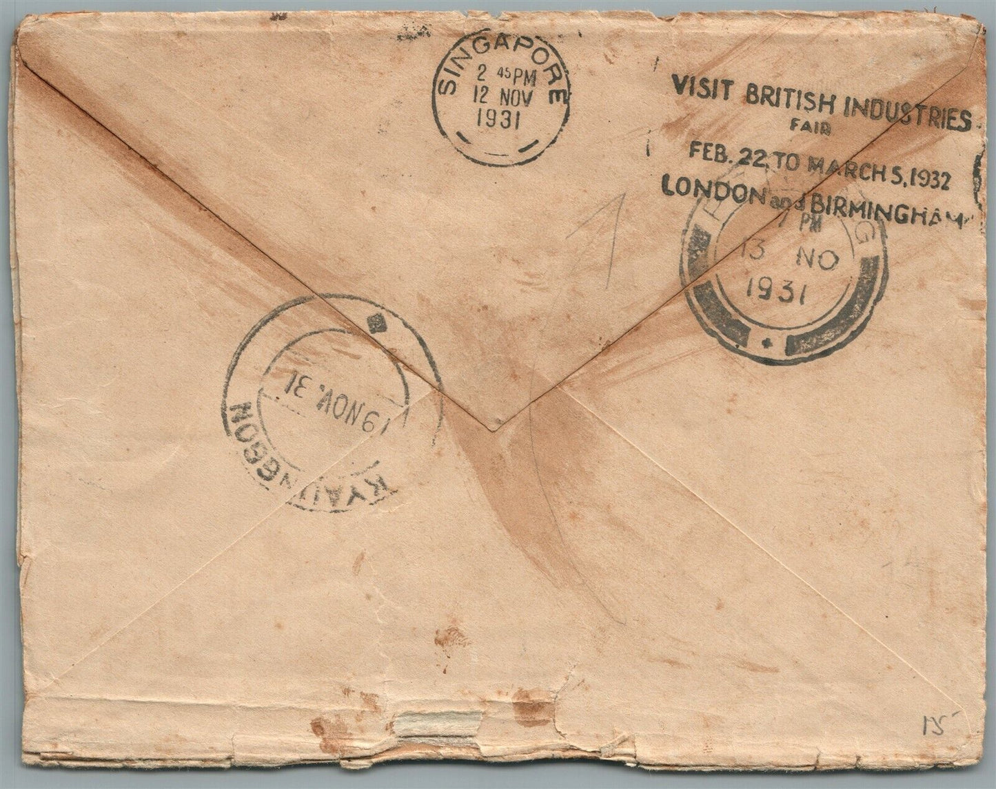BURMA 1931 VINTAGE COVER w/ STAMP BRITISH INDUSTRIES FAIR CANCEL