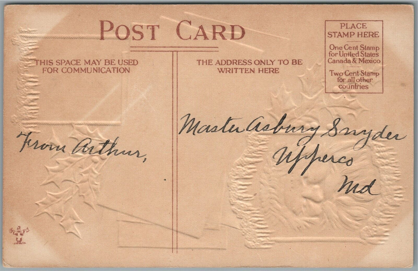 SANTA HEARTY GREETINGS CHRISTMAS EMBOSSED ANTIQUE POSTCARD