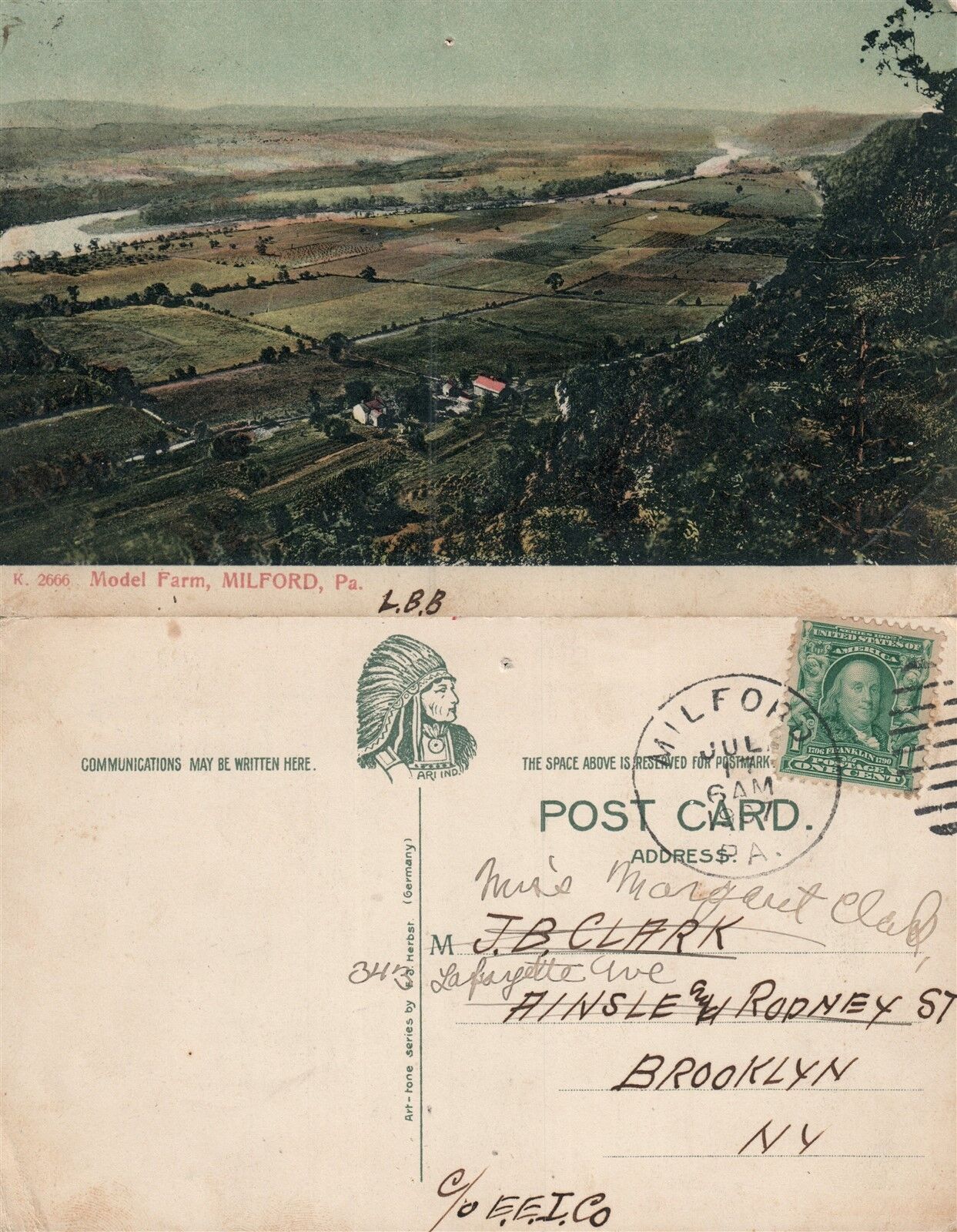 MILFORD PA MODEL FARM 1907 ANTIQUE POSTCARD w/ CORK CANCEL
