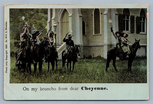 LANDER WYO FIRING COWBOYS ANTIQUE POSTCARD on my broncho from dear Cheyenne