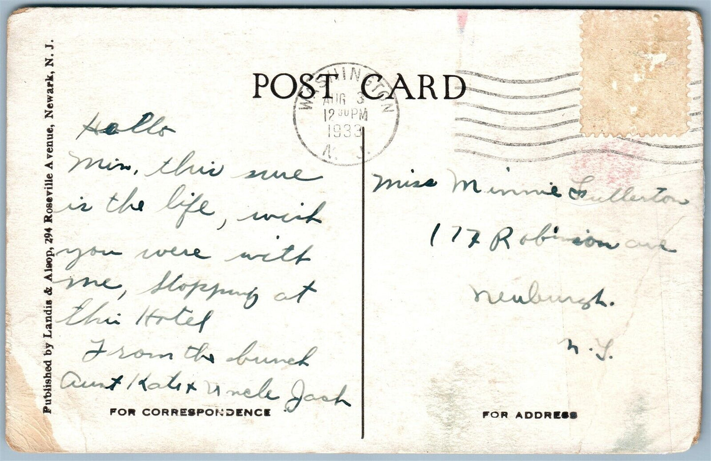 WASHINGTON NJ HOTEL WINDSOR 1933 ANTIQUE POSTCARD