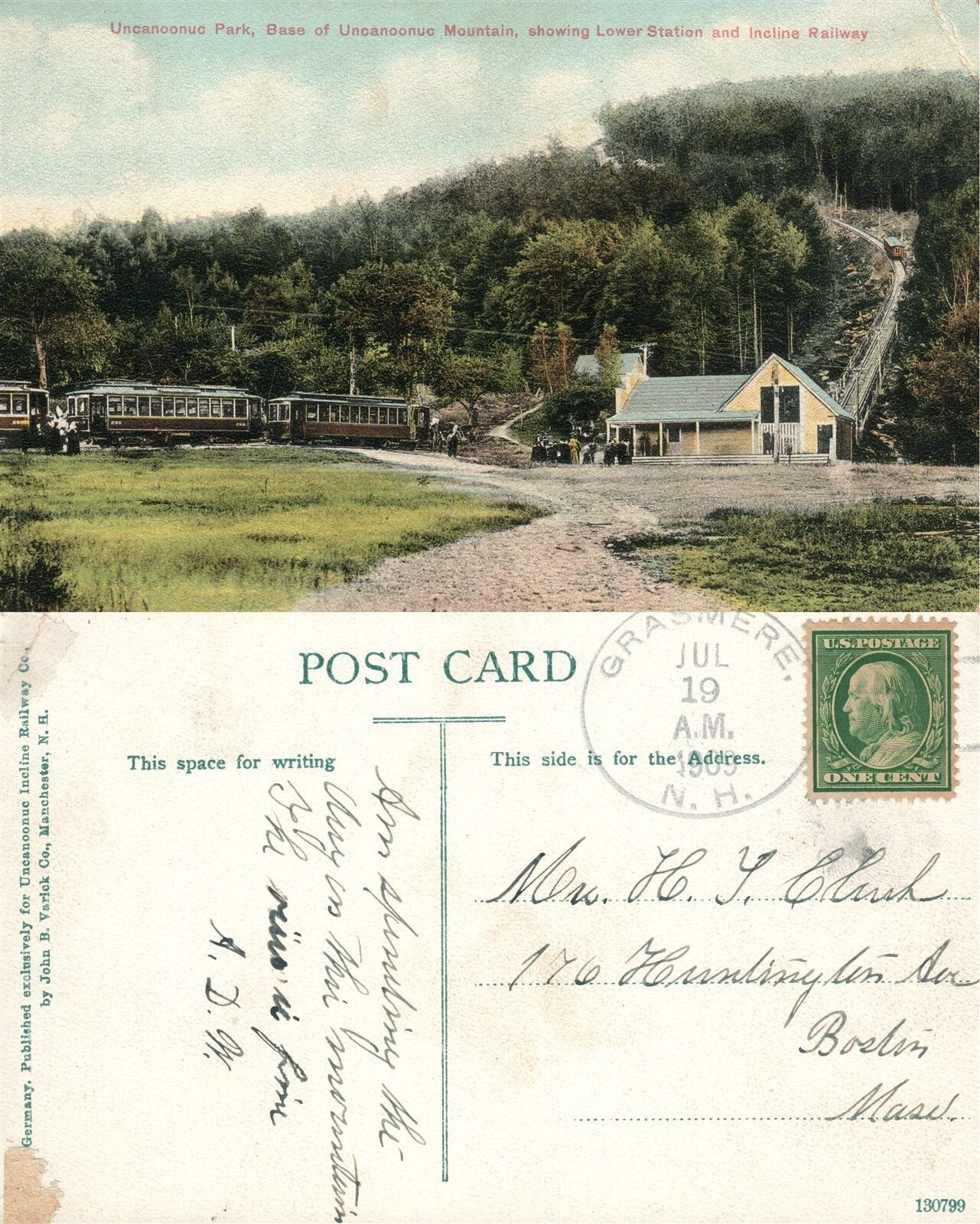 LOWER STATION & INCLINE RAILWAY UNCANOONUC PARK 1909 ANTIQUE POSTCARD RAILROAD