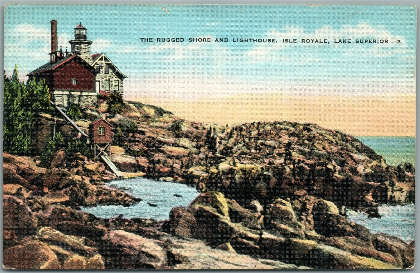 LAKE SUPERIOR MI ISLE ROYALE LIGHTHOUSE VINTAGE POSTCARD
