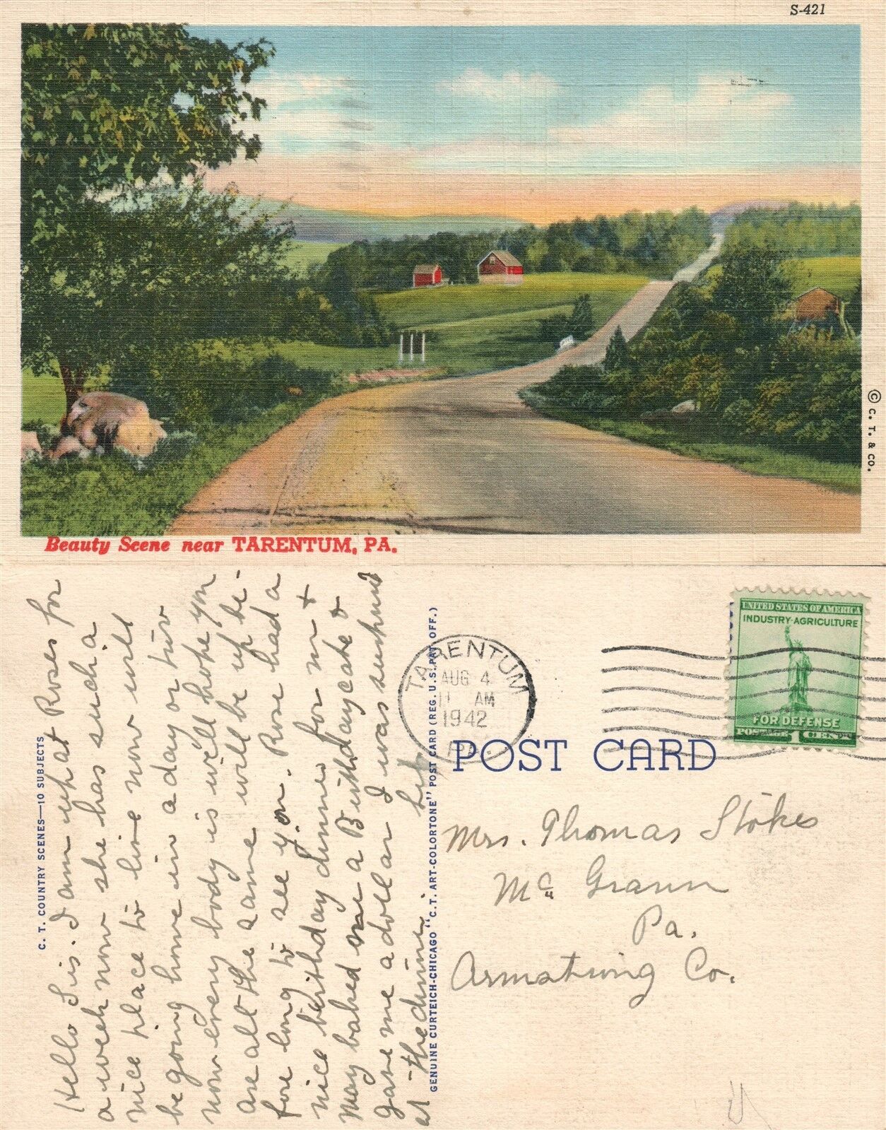 TARENTUM PA 1942 VINTAGE POSTCARD