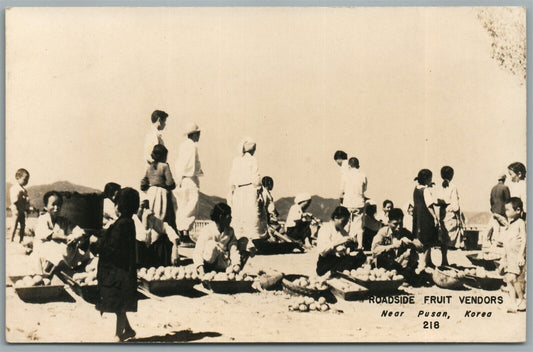 KOREA PUSAN ROADSIDE FRUIT VENDORS VINTAGE REAL PHOTO POSTCARD RPPC