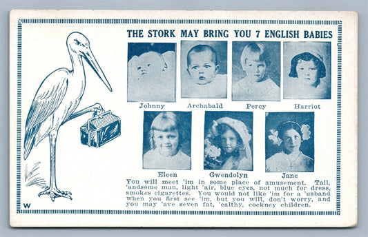 MULTI 7 ENGLISH BABIES w/ STORK ANTIQUE POSTCARD