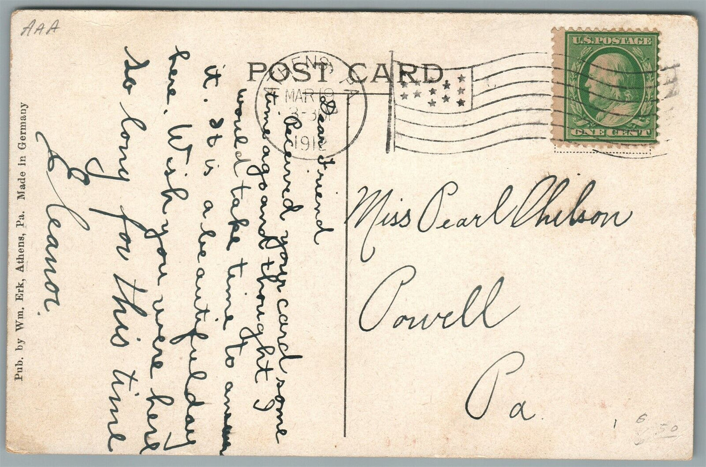 ATHENS PA SOUTH MAIN STREET ANTIQUE POSTCARD