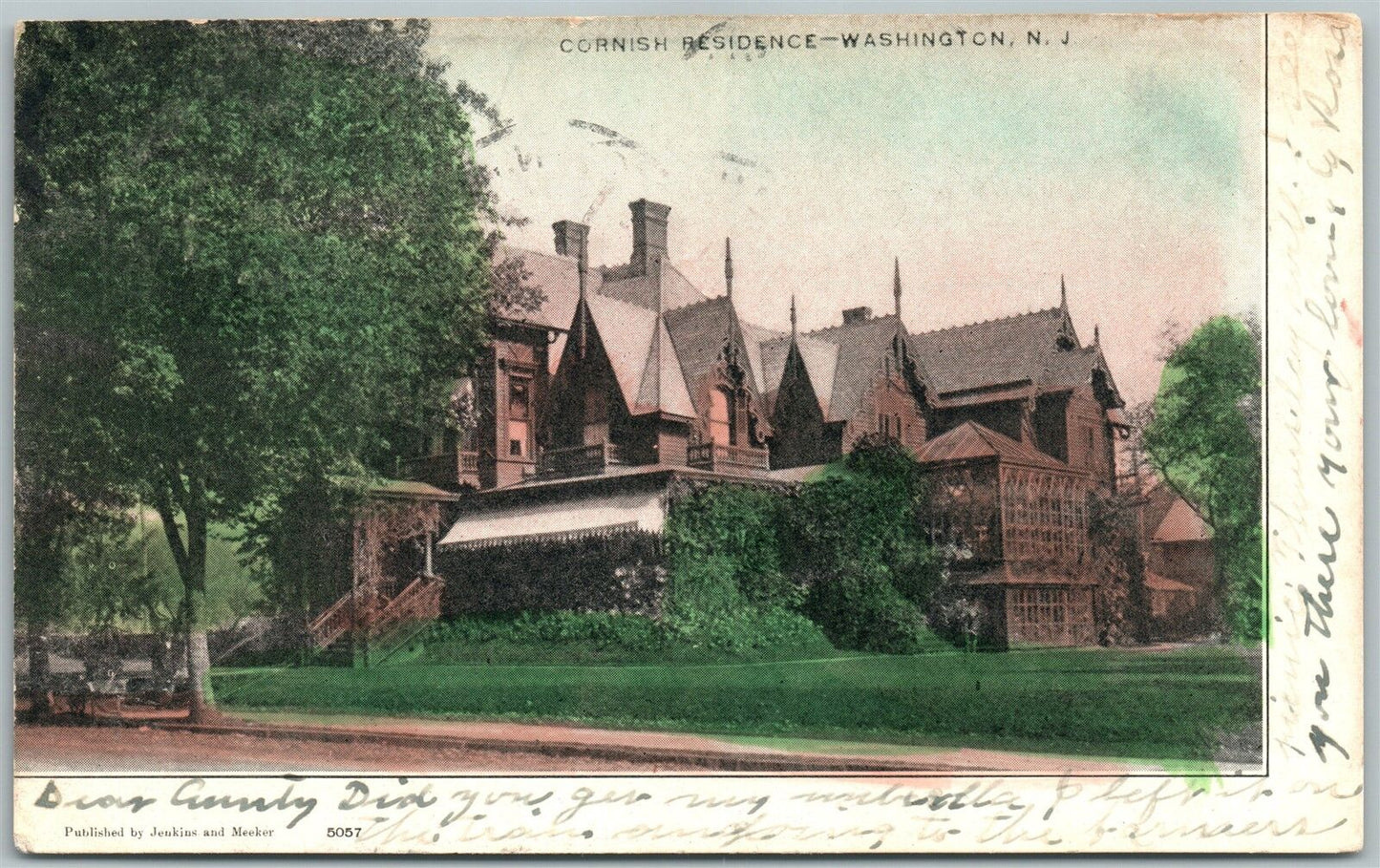 WASHINGTON NJ CORNISH RESIDENCE 1906 UNDIVIDED ANTIQUE POSTCARD w/ CORK CANCEL