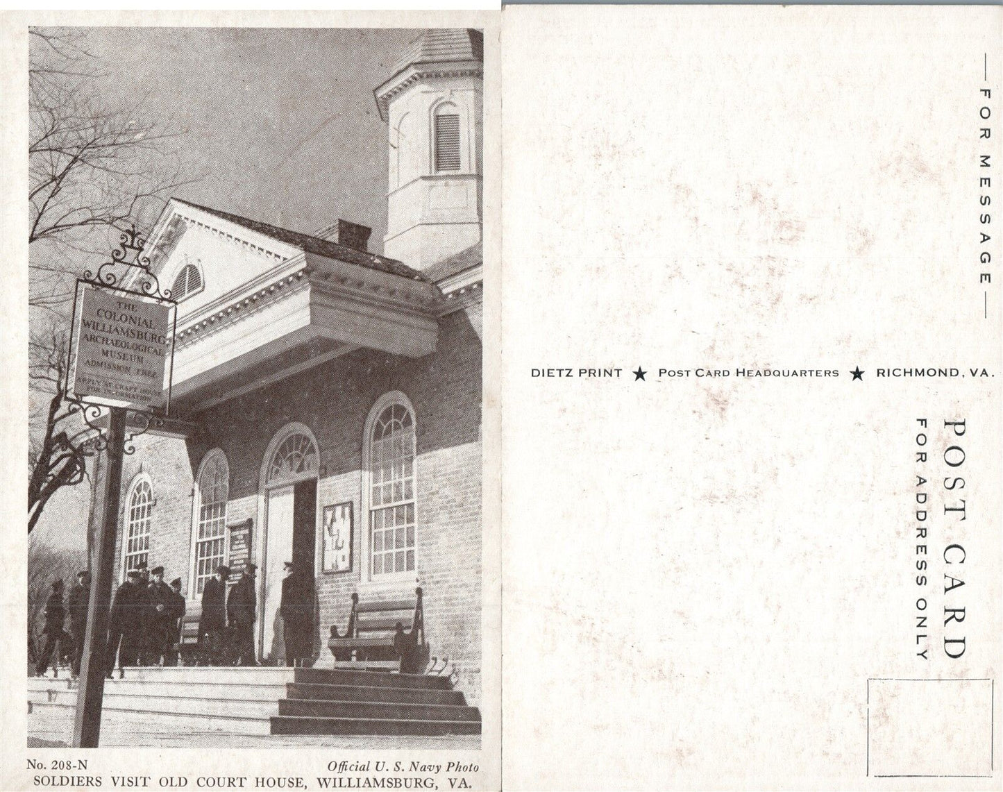WILLIAMSBURG VA SOLDIERS VISIT OLD COURT HOUSE ANTIQUE POSTCARD