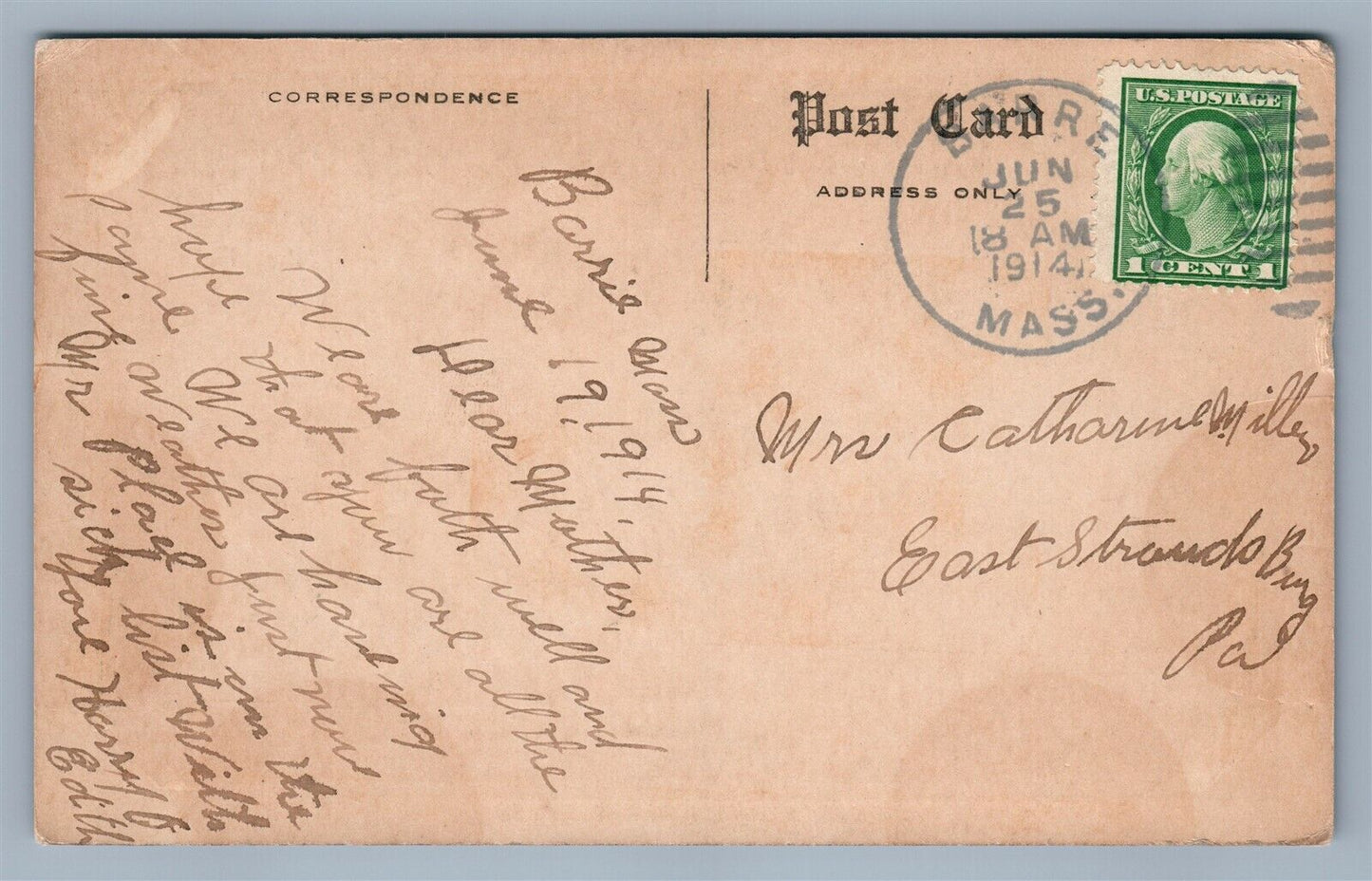 BARRE MA PARK STREET 1914 ANTIQUE POSTCARD