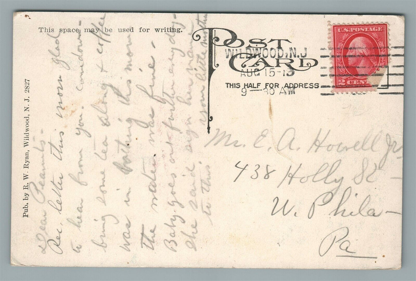 HOLLY BEACH NJ 1913 ANTIQUE POSTCARD