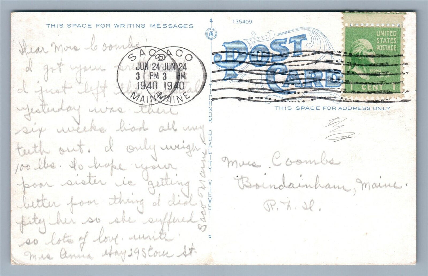 SACO ME MAIN STREET 1949 VINTAGE POSTCARD