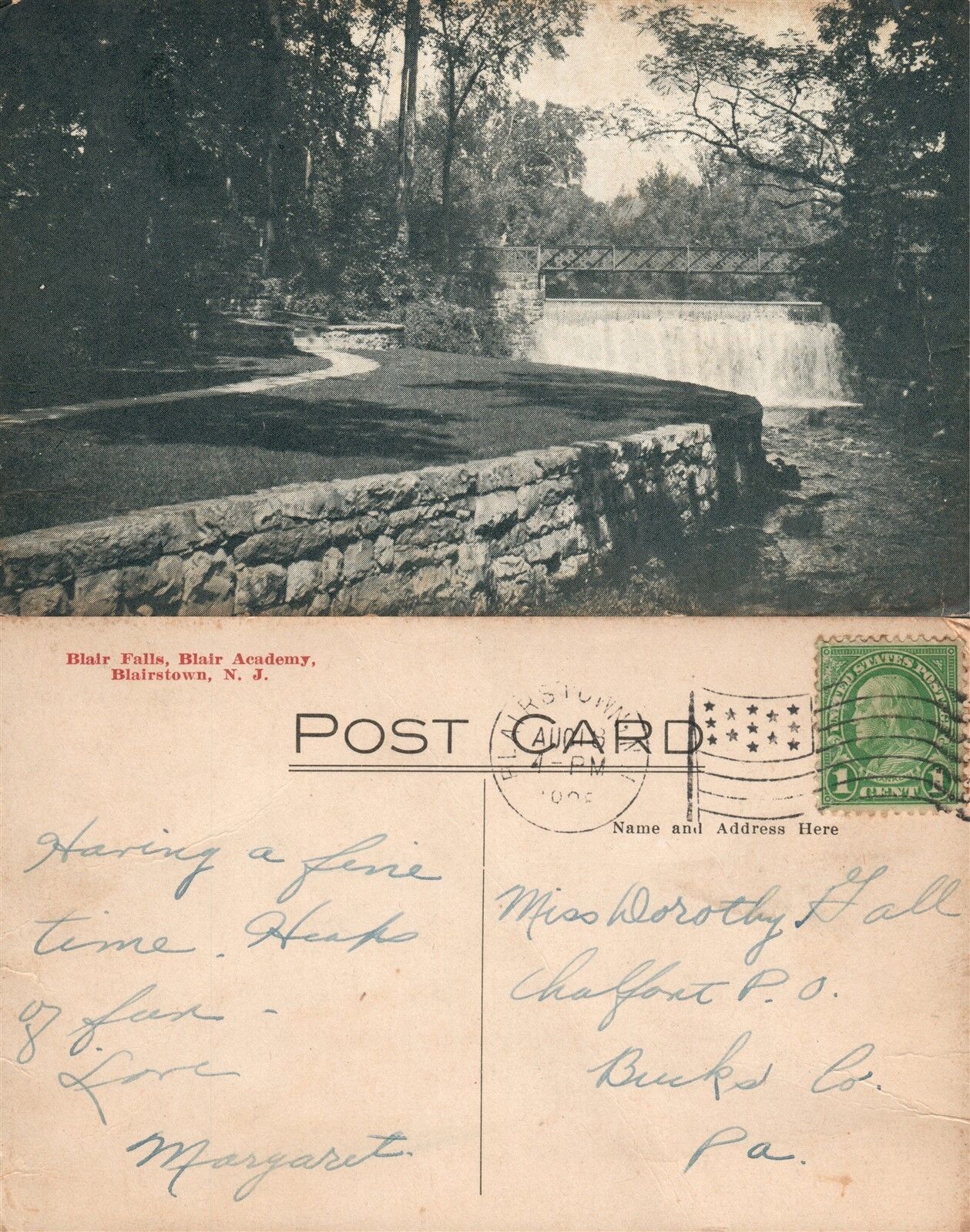 BLAIRSTOWN N.J. BLAIR ACADEMY 1908 ANTIQUE POSTCARD