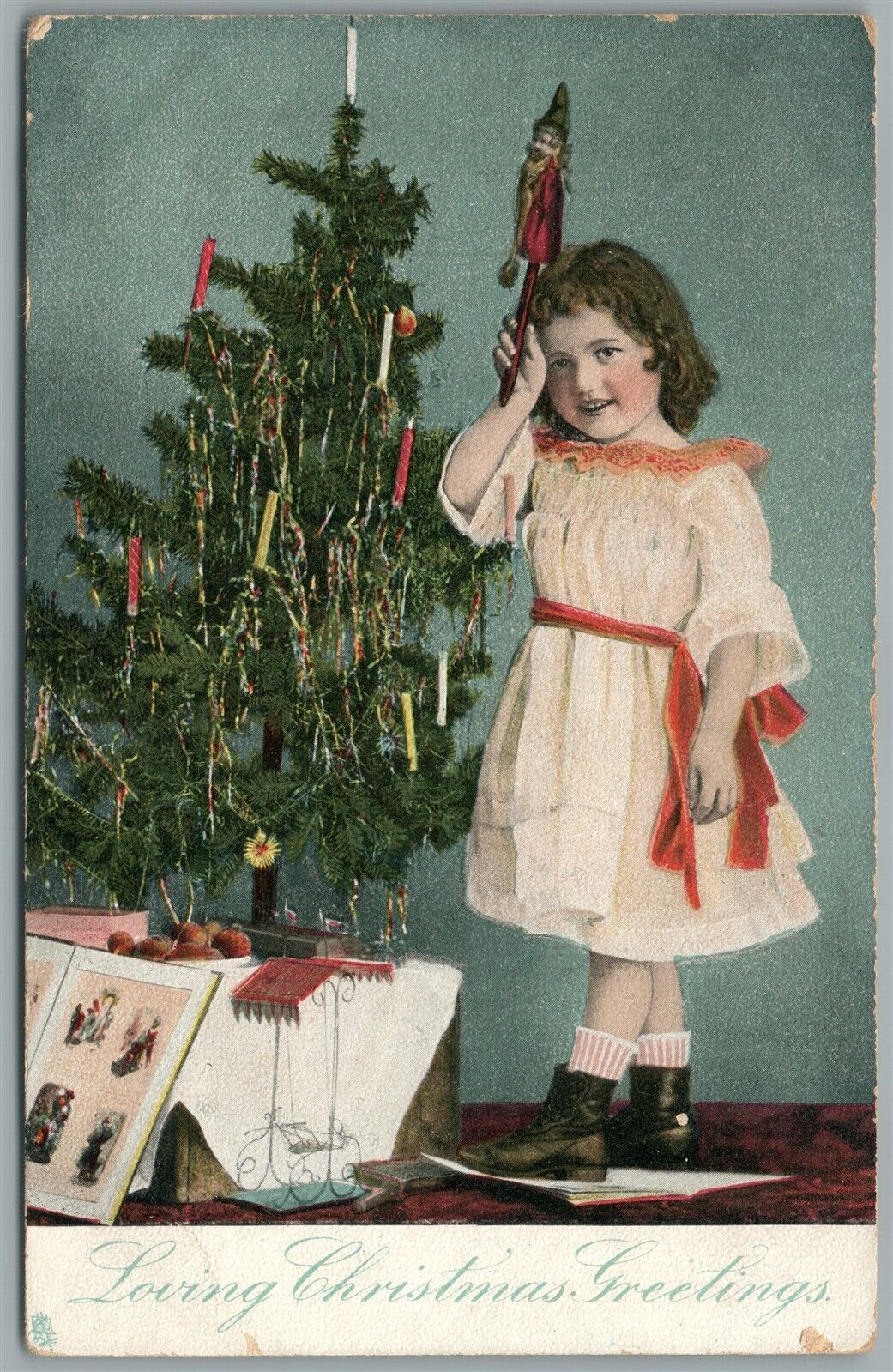 LITTLE GIRL w/ CHRISTMAS TREE NEW YEAR ANTIQUE POSTCARD