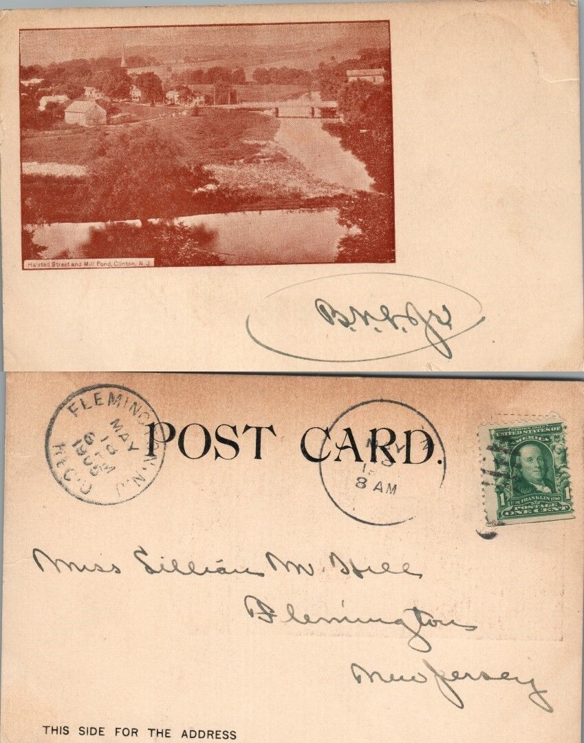 ANTIQUE 1905 POSTCARD HALSTEAD STREET & MILL POND CLINTON N.J.