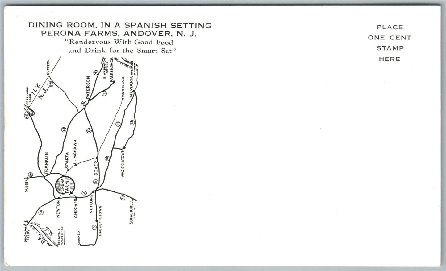 ANDOVER NJ PERONA FARMS DINING ROOM in SPANISH SETTING w/ MAP ANTIQUE POSTCARD