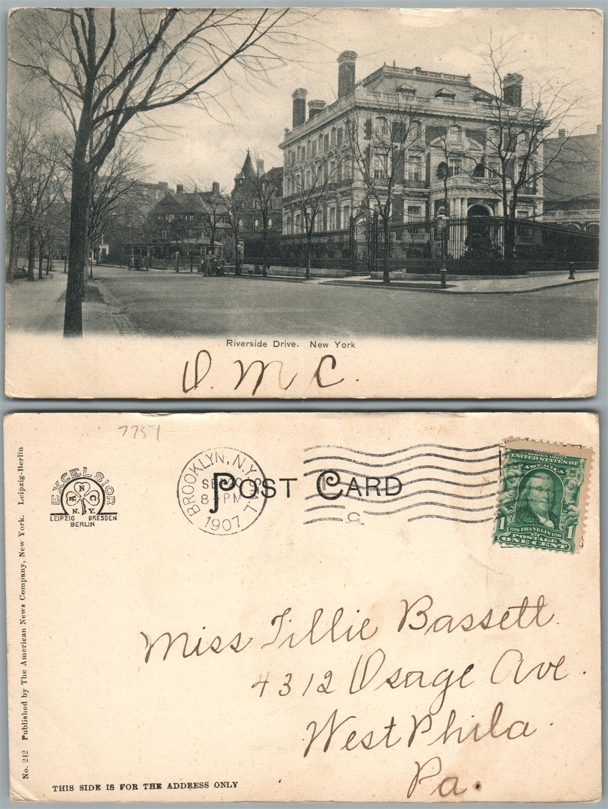 NEW YORK CITY N.Y. RIVERSIDE DRIVE UNDIVIDED 1907 ANTIQUE POSTCARD