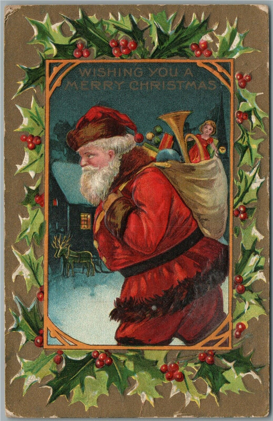SANTA WISHING YOU A MERRY CHRISTMAS EMBOSSED 1910 ANTIQUE POSTCARD