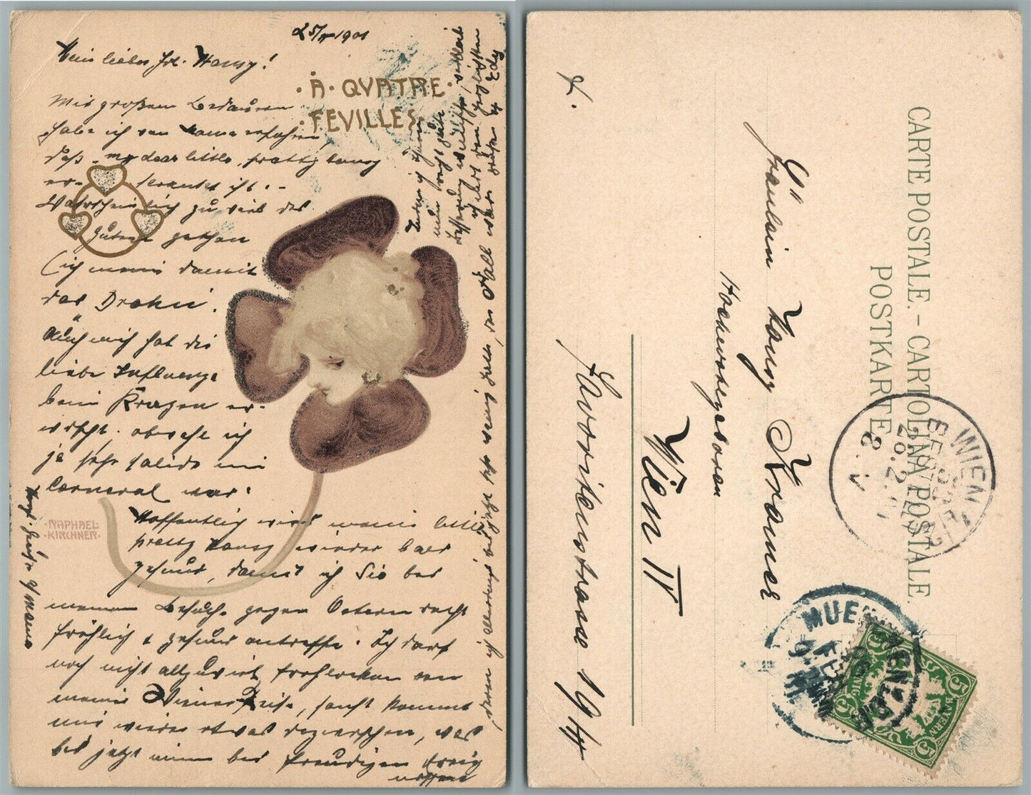 GIRL'S FACE IN FLOWER 1901 ANTIQUE POSTCARD w/ BAVARIAN stamp