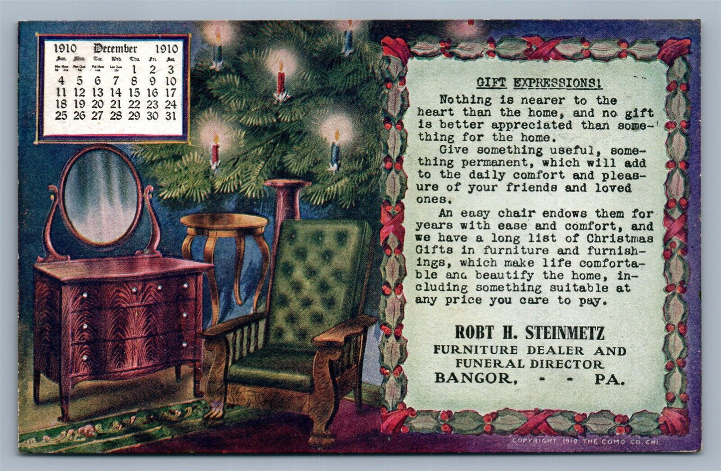 BANGOR PA FURNITURE DEALER & FUNERAL DIRECTOR 1910 ADVERTISING ANTIQUE POSTCARD