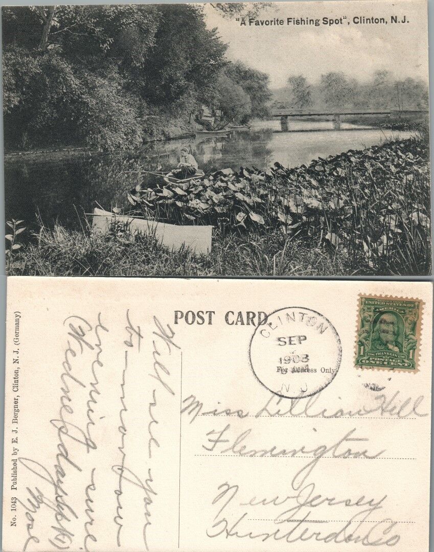 ANTIQUE 1908 POSTCARD FAVORITE FISHING SPOT CLINTON N.J.