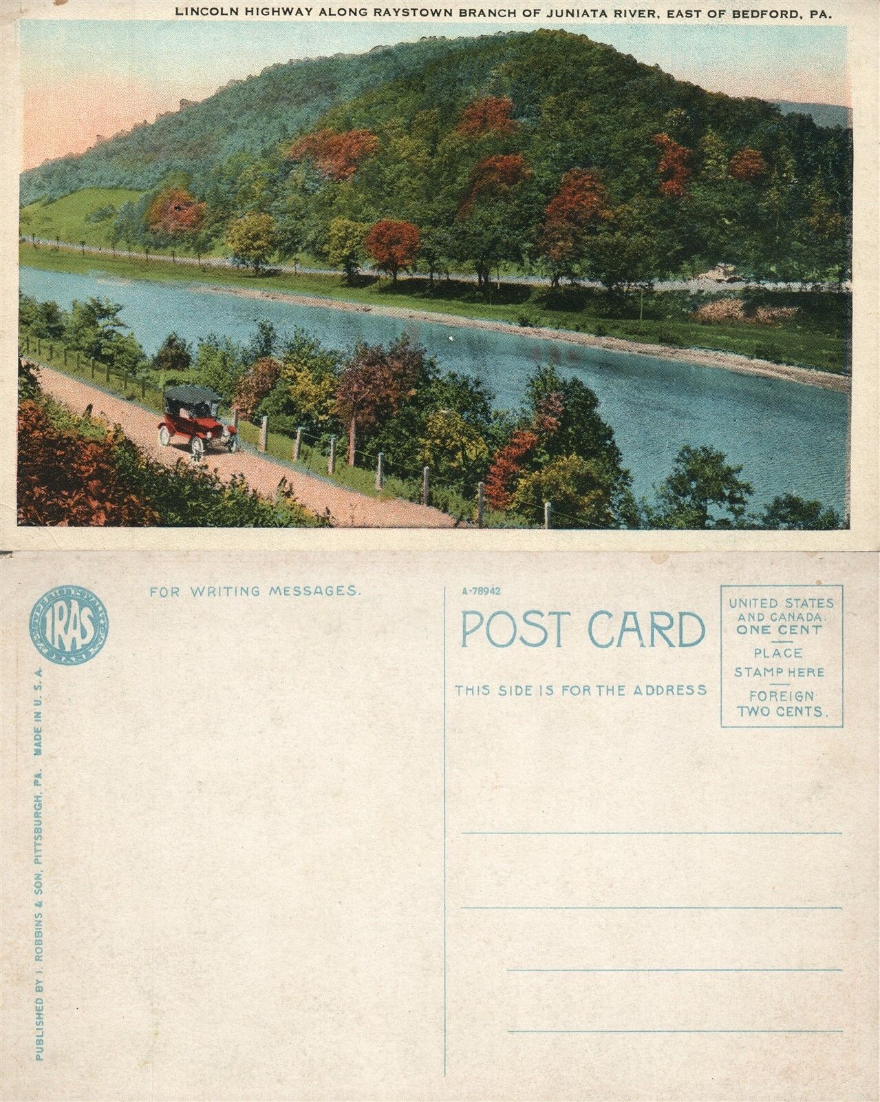 EAST OF BEDFORD PA LINCOLN HIGHWAY JUNIATA RIVER ANTIQUE POSTCARD