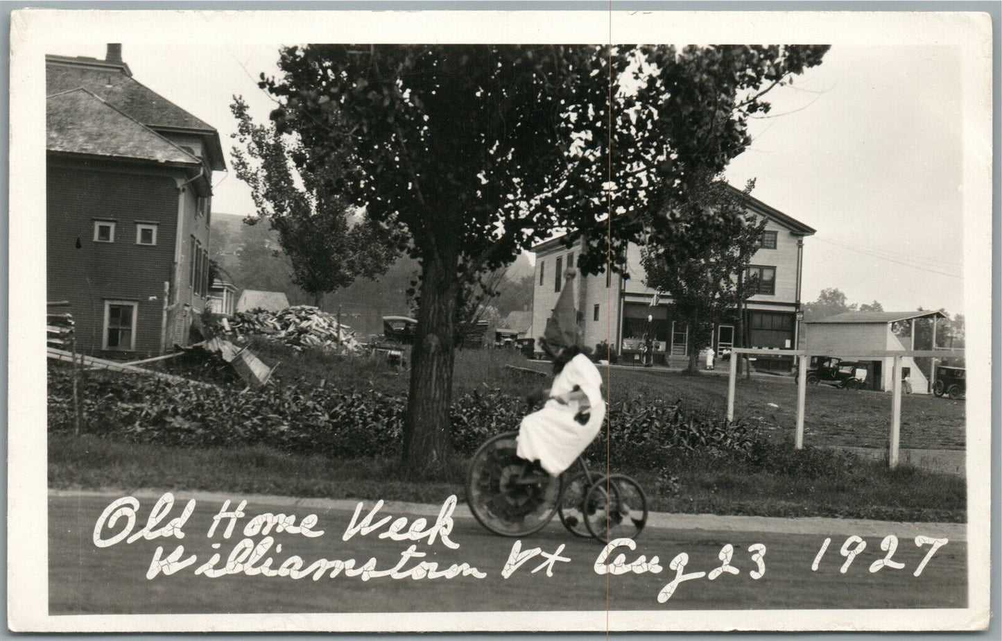 WILLIAMSTOWN VT OLD HOME WEEK CLOWN on TRICYCLE ANTIQUE REAL PHOTO POSTCARD RPPC